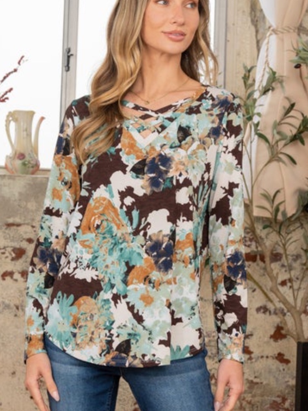 Sew In Love V Neck Criss Cross medium long sleeve top